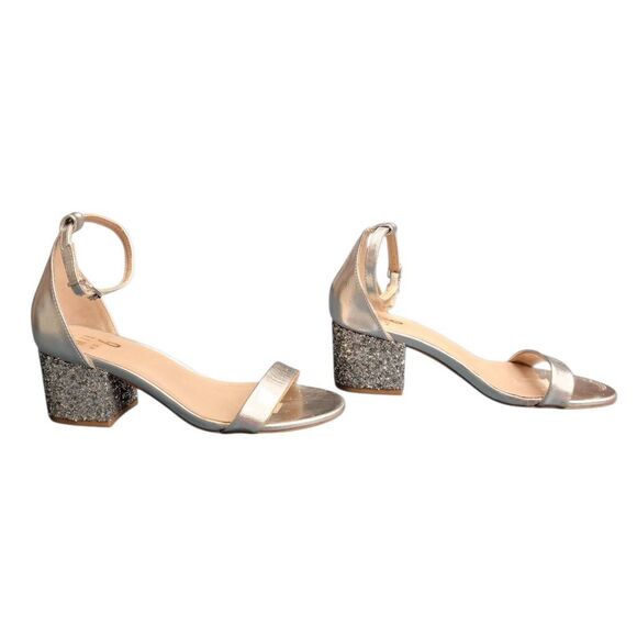 Formal Silver Metallic and Sparkle Chunky Heels Strappy Sandals Shoes - Picture 3 of 10